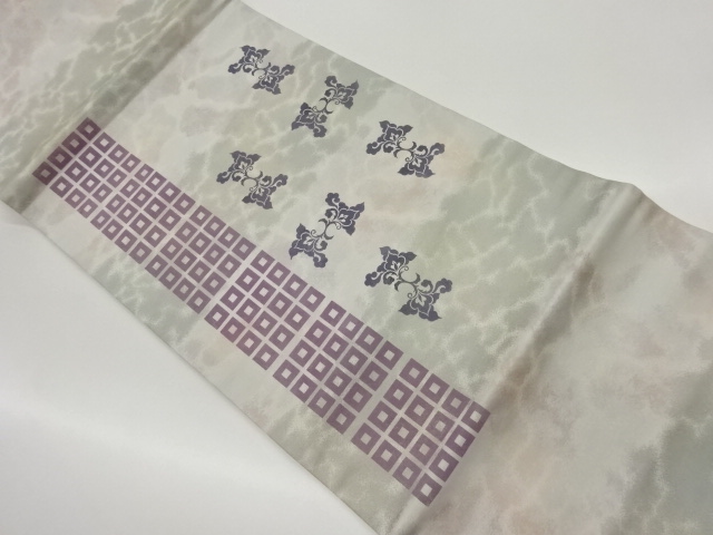 作家物　四角に抽象草花模様開き名古屋帯（額縁仕立て）